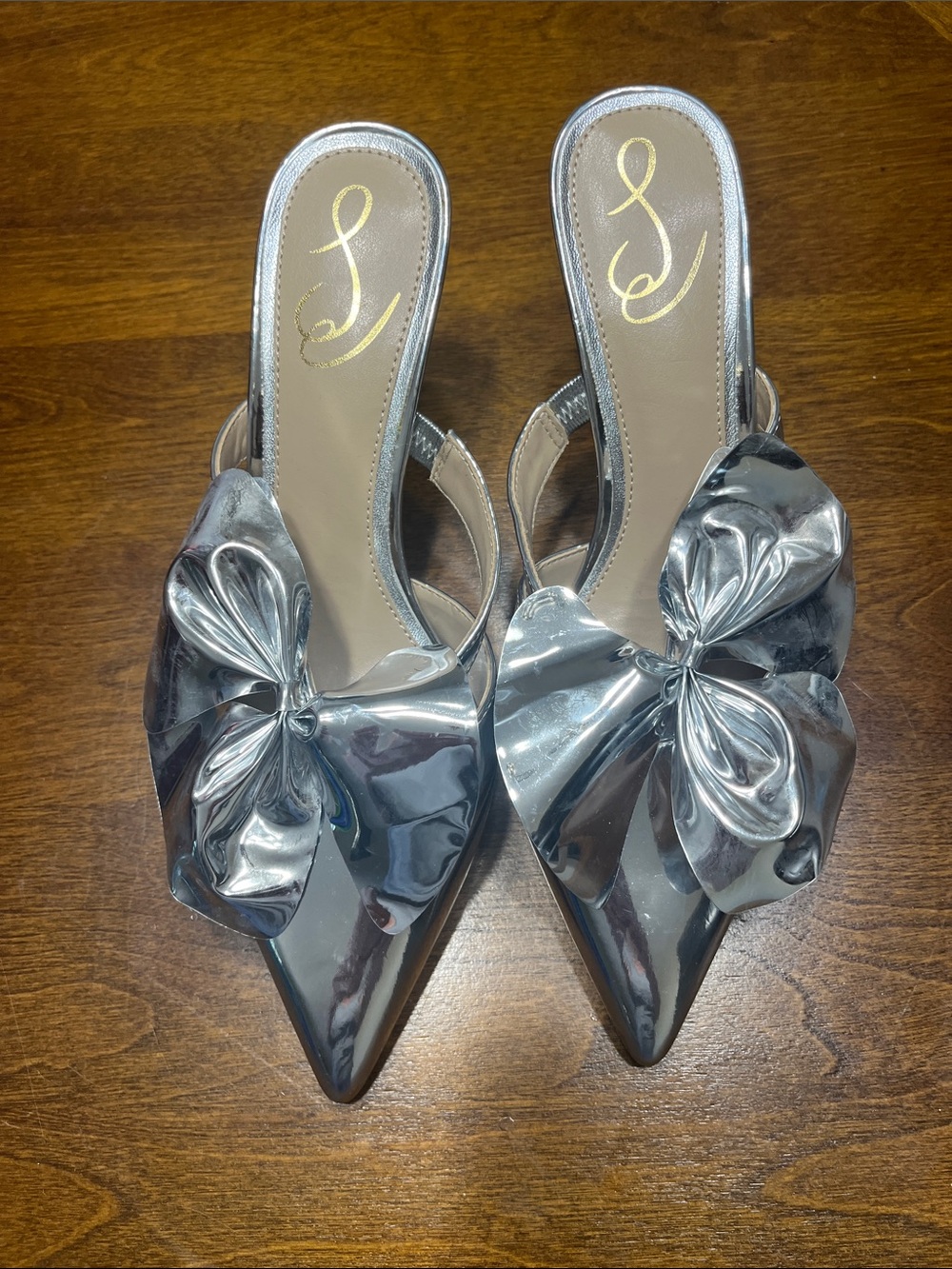 Sam Edelman Silver Pointed-Toe Bow Mule Heels